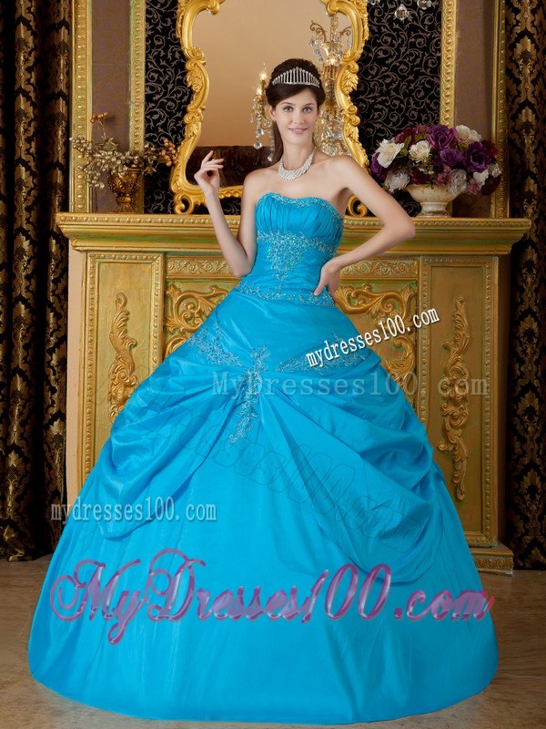 Bright Blue Strapless Floor-length Appliques Quinceanera Dress