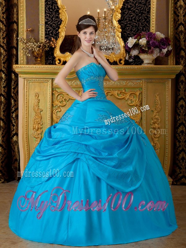 Bright Blue Strapless Floor-length Appliques Quinceanera Dress