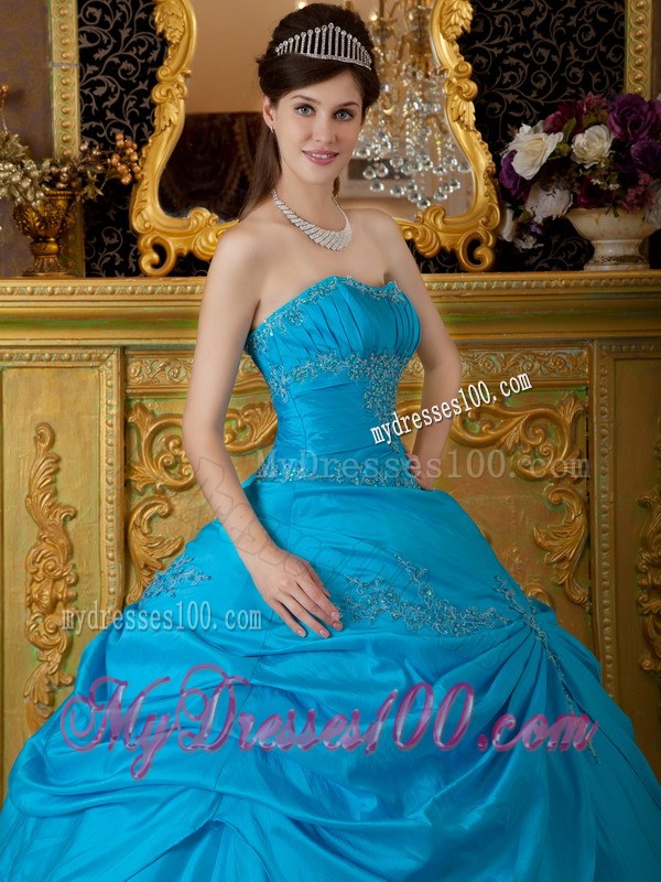 Bright Blue Strapless Floor-length Appliques Quinceanera Dress