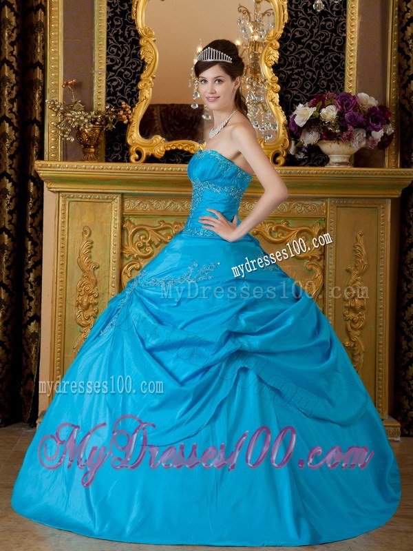 Bright Blue Strapless Floor-length Appliques Quinceanera Dress