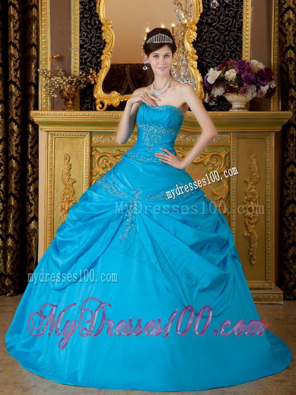 Bright Blue Strapless Floor-length Appliques Quinceanera Dress