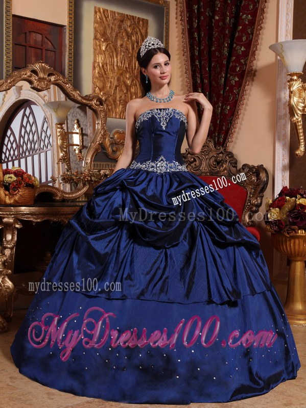 Gorgeous Strapless Navy Blue Taffeta Pick-ups Quinceanera Gown Beaded