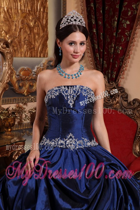 Gorgeous Strapless Navy Blue Taffeta Pick-ups Quinceanera Gown Beaded
