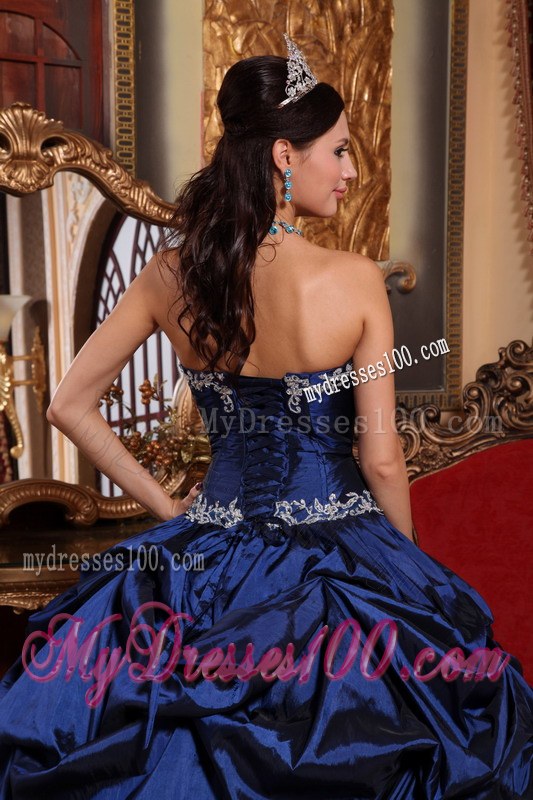 Gorgeous Strapless Navy Blue Taffeta Pick-ups Quinceanera Gown Beaded