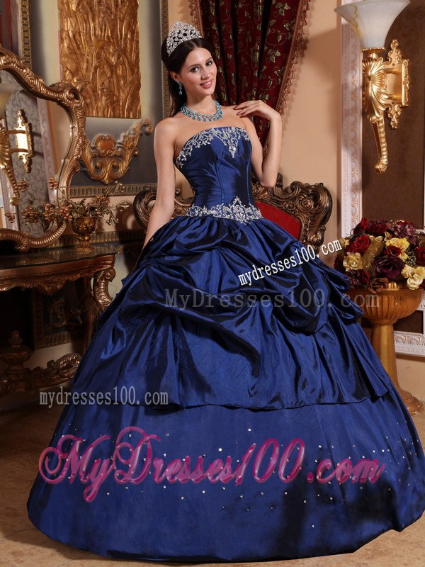 Gorgeous Strapless Navy Blue Taffeta Pick-ups Quinceanera Gown Beaded