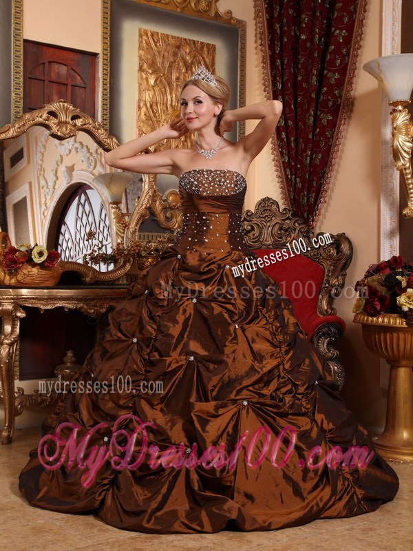 Brown A-line Strapless Beaded Quinceanera Dress with Pick-ups