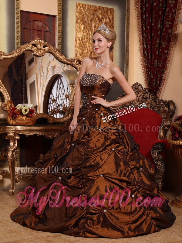 Brown A-line Strapless Beaded Quinceanera Dress with Pick-ups