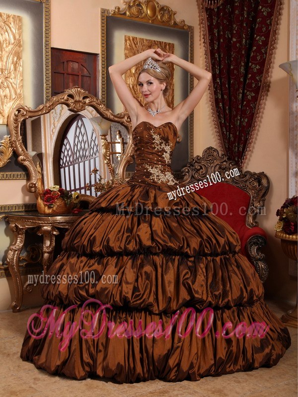 Appliqued Bodice Sweetheart Chapel Train Brown Quinceanera