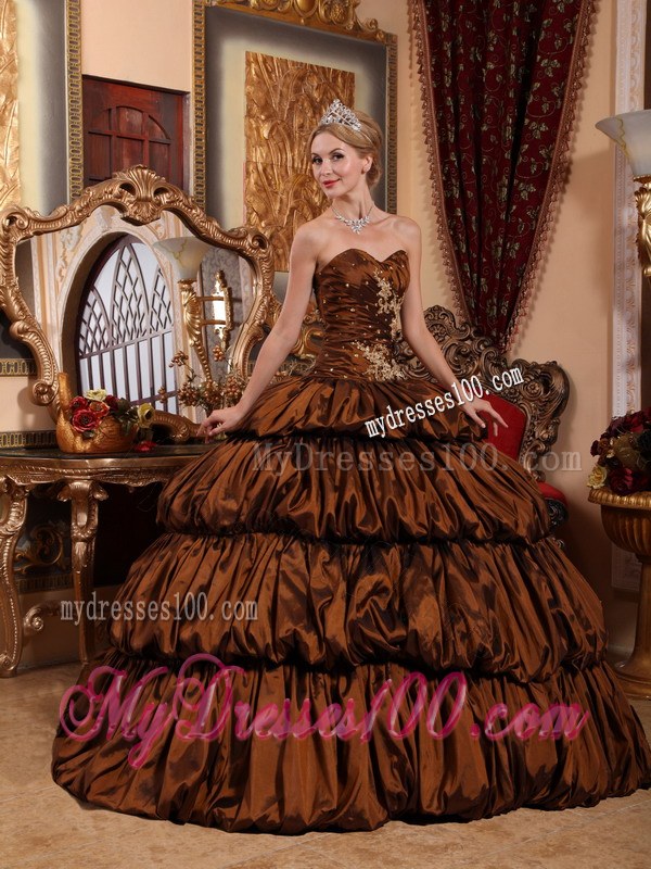 Appliqued Bodice Sweetheart Chapel Train Brown Quinceanera