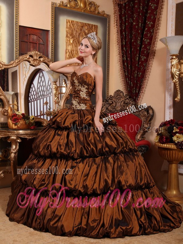 Appliqued Bodice Sweetheart Chapel Train Brown Quinceanera