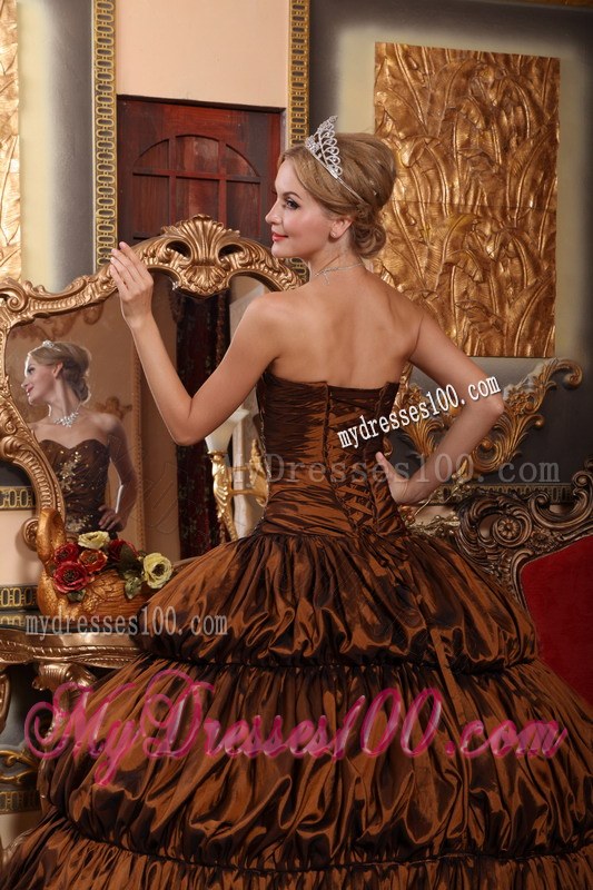 Appliqued Bodice Sweetheart Chapel Train Brown Quinceanera