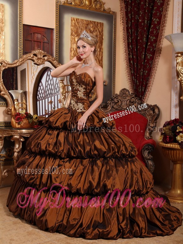 Appliqued Bodice Sweetheart Chapel Train Brown Quinceanera