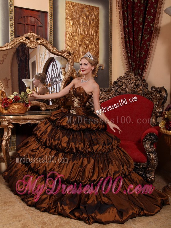 Appliqued Bodice Sweetheart Chapel Train Brown Quinceanera
