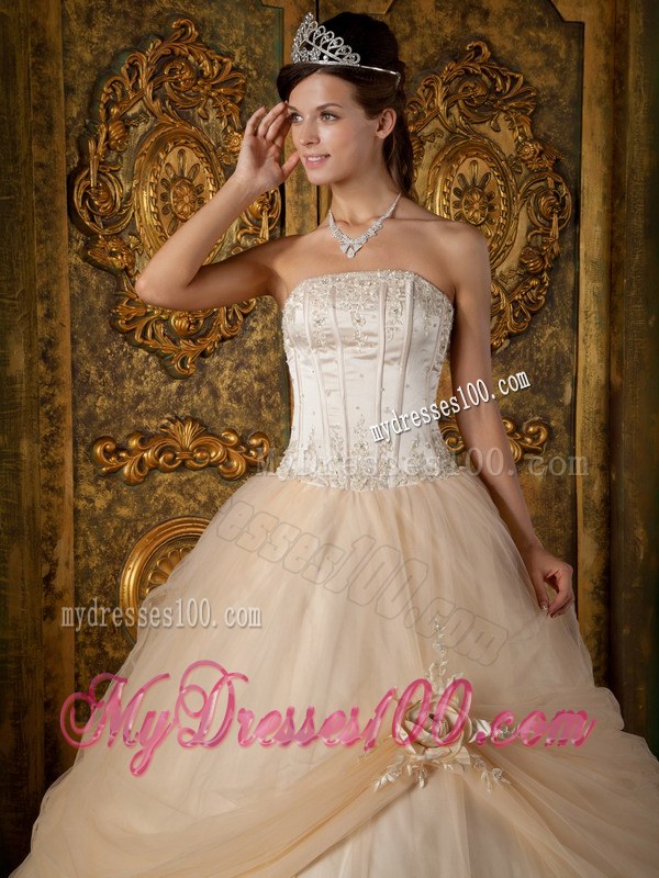 Strapless Floor-length Appliques Champagne Tulle Sweet 16 Dresses