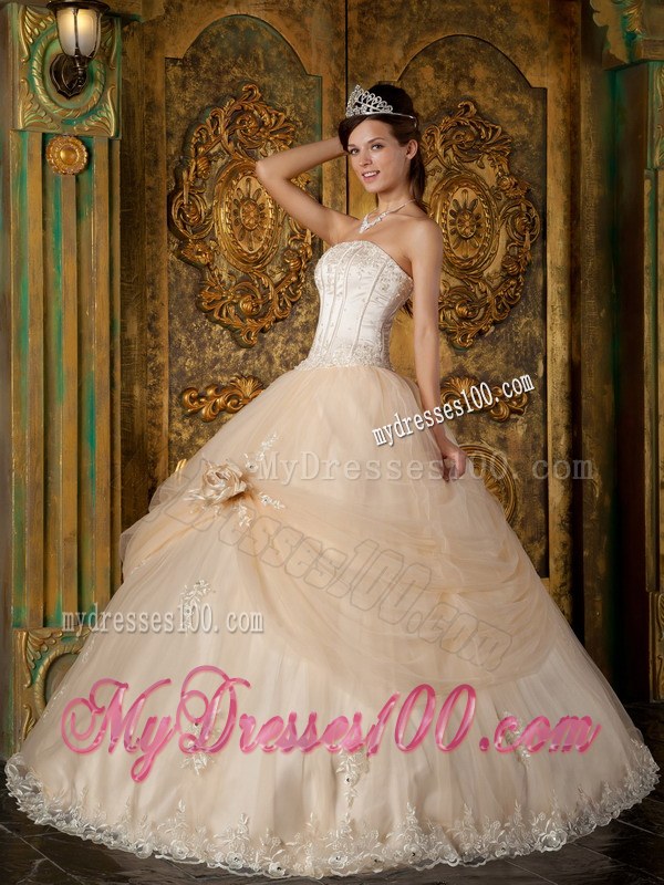 Strapless Floor-length Appliques Champagne Tulle Sweet 16 Dresses