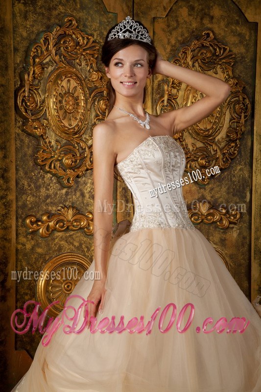Strapless Floor-length Appliques Champagne Tulle Sweet 16 Dresses