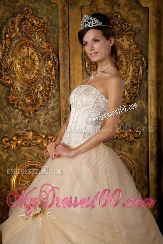 Strapless Floor-length Appliques Champagne Tulle Sweet 16 Dresses