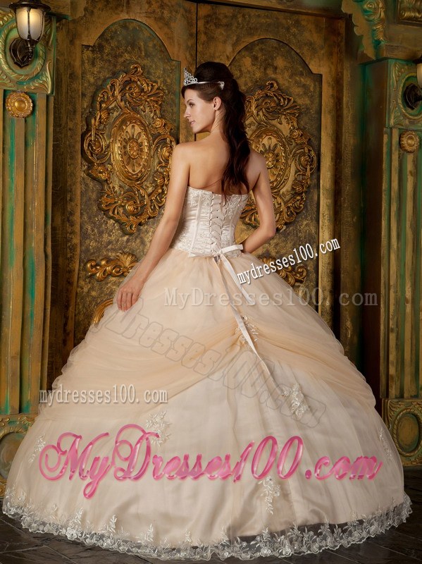 Strapless Floor-length Appliques Champagne Tulle Sweet 16 Dresses
