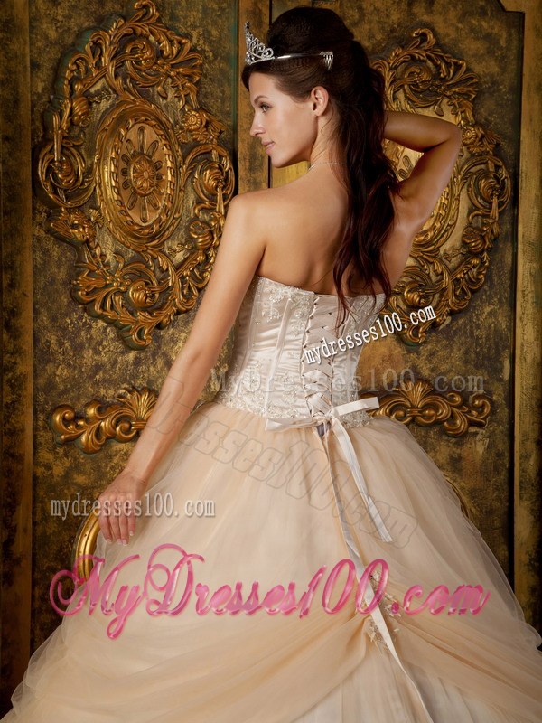 Strapless Floor-length Appliques Champagne Tulle Sweet 16 Dresses
