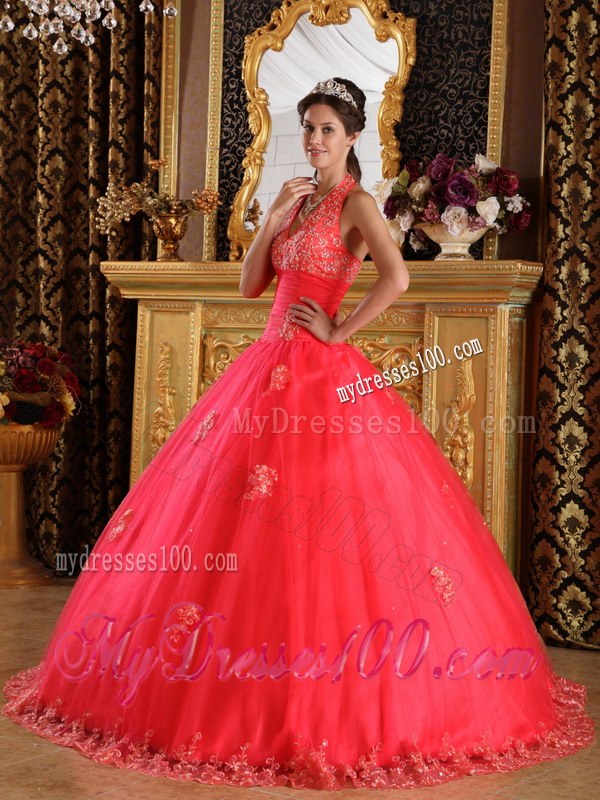Coral Red Halter Appliques on Tulle Lace-up Back Sweet 15 Dresses