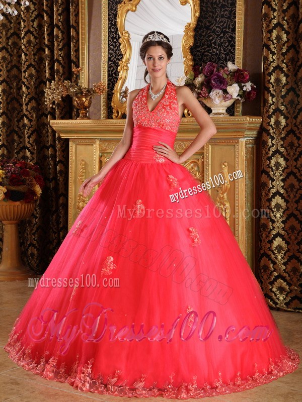 Coral Red Halter Appliques on Tulle Lace-up Back Sweet 15 Dresses