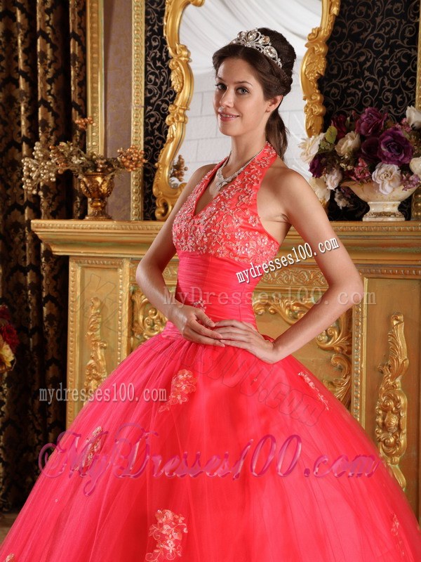 Coral Red Halter Appliques on Tulle Lace-up Back Sweet 15 Dresses