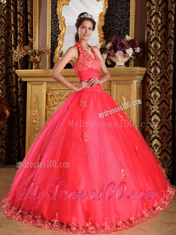 Coral Red Halter Appliques on Tulle Lace-up Back Sweet 15 Dresses