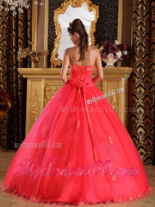 Coral Red Halter Appliques on Tulle Lace-up Back Sweet 15 Dresses