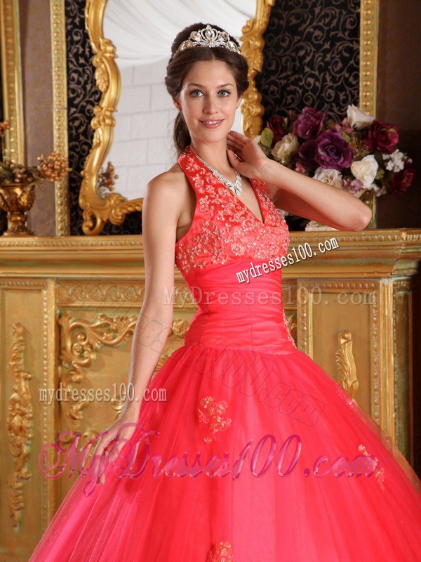 Coral Red Halter Appliques on Tulle Lace-up Back Sweet 15 Dresses