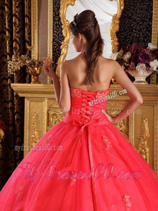 Coral Red Halter Appliques on Tulle Lace-up Back Sweet 15 Dresses