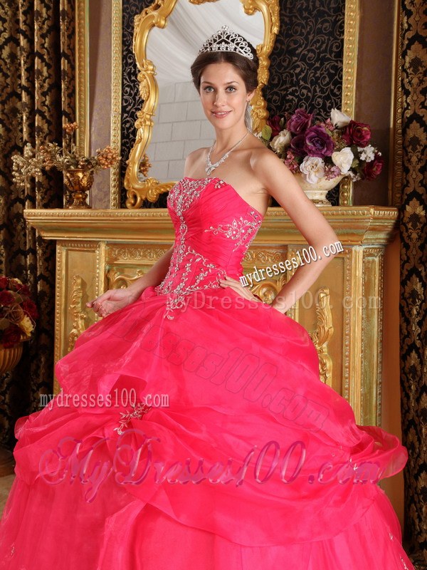 Hot Pink Strapless Floor-length Appliques Organza Quinceanera Party Dress