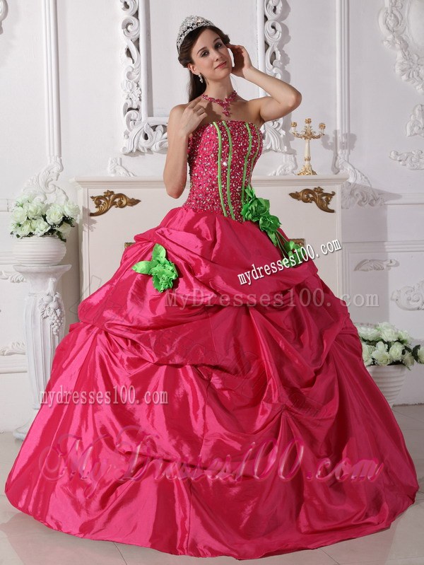 Strapless Red Beading Quinceanera Gown with Green Flowers Corset Back