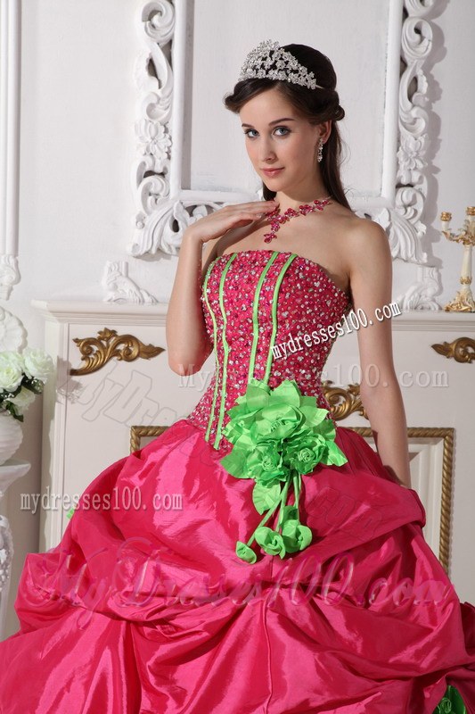 Strapless Red Beading Quinceanera Gown with Green Flowers Corset Back
