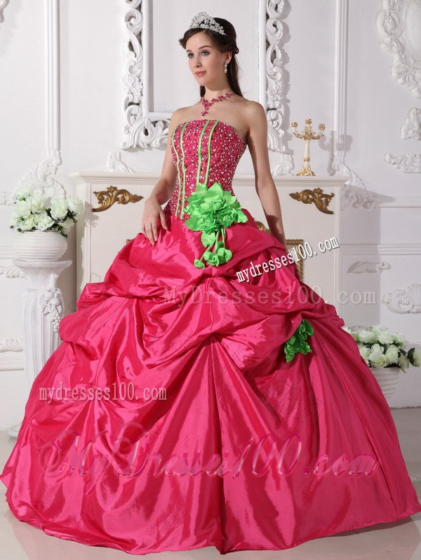 Strapless Red Beading Quinceanera Gown with Green Flowers Corset Back