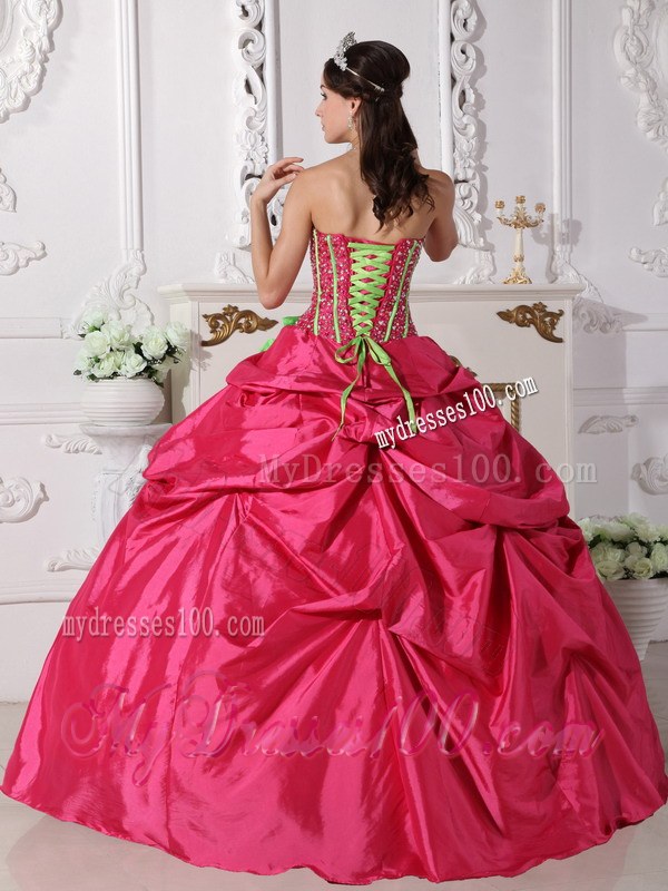 Strapless Red Beading Quinceanera Gown with Green Flowers Corset Back