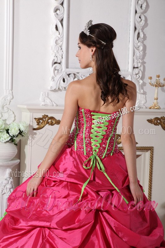 Strapless Red Beading Quinceanera Gown with Green Flowers Corset Back