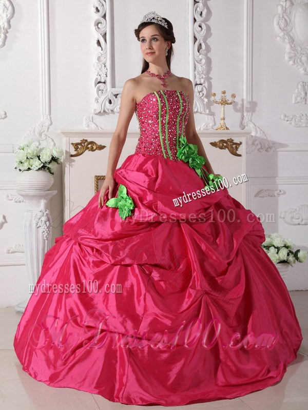 Strapless Red Beading Quinceanera Gown with Green Flowers Corset Back