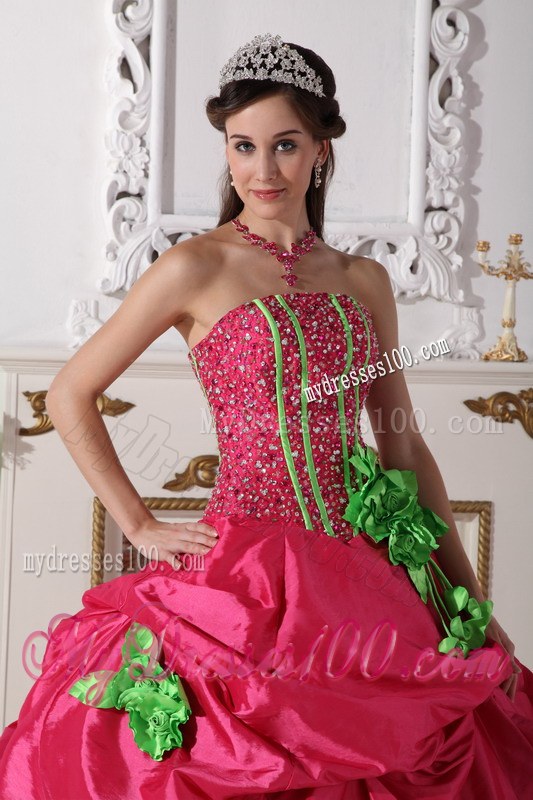 Strapless Red Beading Quinceanera Gown with Green Flowers Corset Back