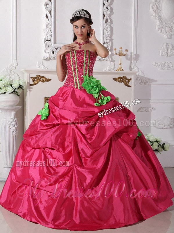 Strapless Red Beading Quinceanera Gown with Green Flowers Corset Back