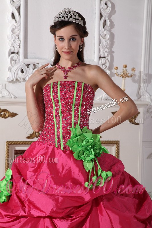 Strapless Red Beading Quinceanera Gown with Green Flowers Corset Back