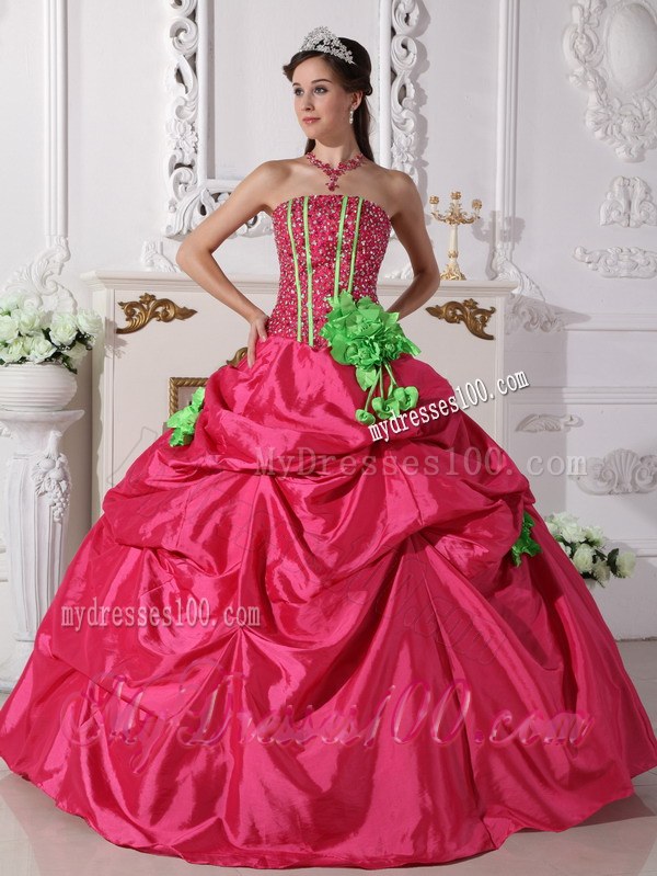 Strapless Red Beading Quinceanera Gown with Green Flowers Corset Back