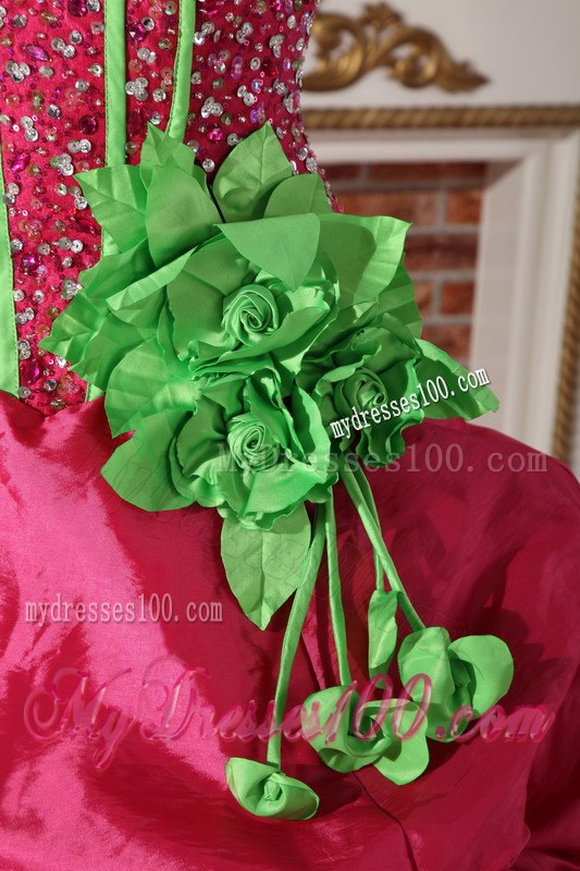 Strapless Red Beading Quinceanera Gown with Green Flowers Corset Back