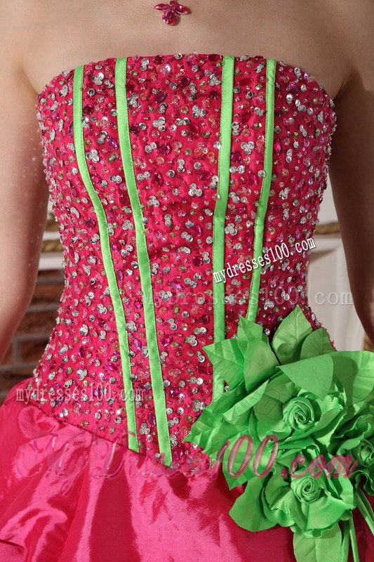Strapless Red Beading Quinceanera Gown with Green Flowers Corset Back