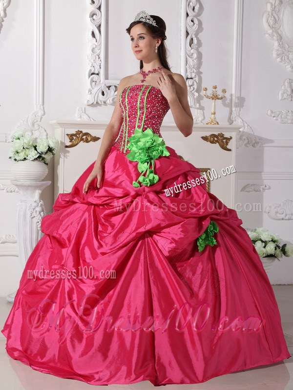 Strapless Red Beading Quinceanera Gown with Green Flowers Corset Back