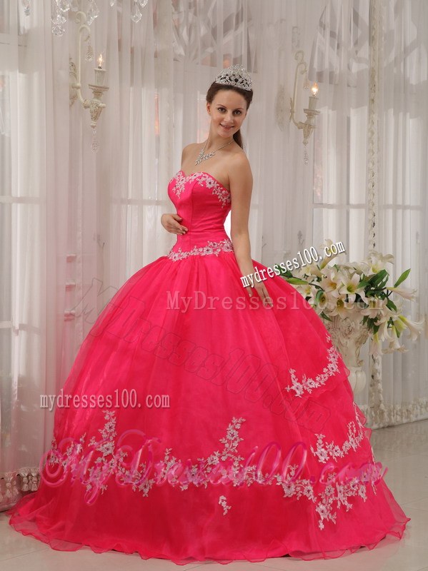 Exquisite Sweetheart organza Coral Red Quinceanera Dress with White Appliques