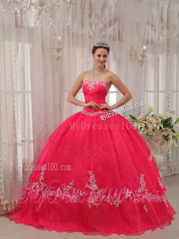 Exquisite Sweetheart organza Coral Red Quinceanera Dress with White Appliques