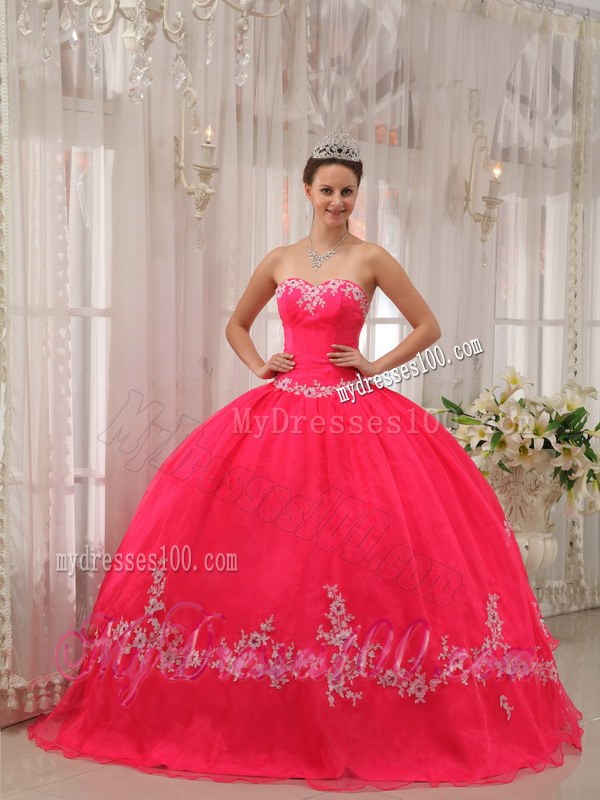 Exquisite Sweetheart organza Coral Red Quinceanera Dress with White Appliques