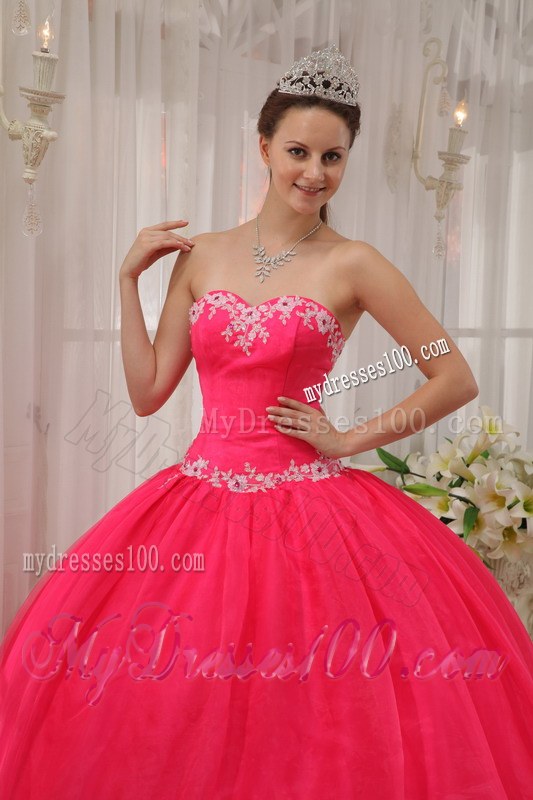 Exquisite Sweetheart organza Coral Red Quinceanera Dress with White Appliques