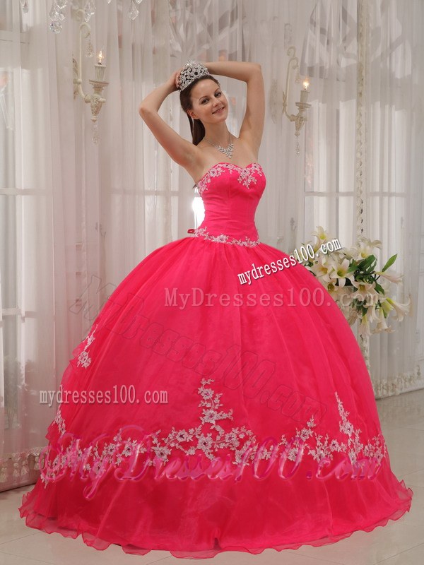 Exquisite Sweetheart organza Coral Red Quinceanera Dress with White Appliques