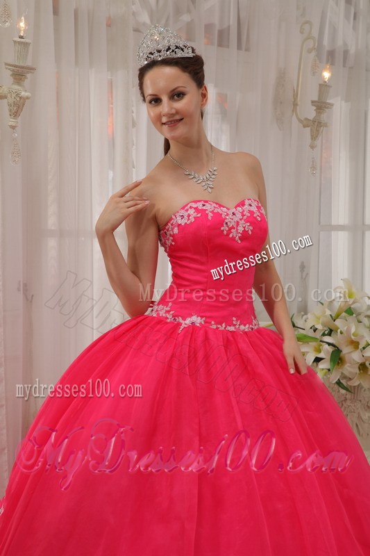 Exquisite Sweetheart organza Coral Red Quinceanera Dress with White Appliques